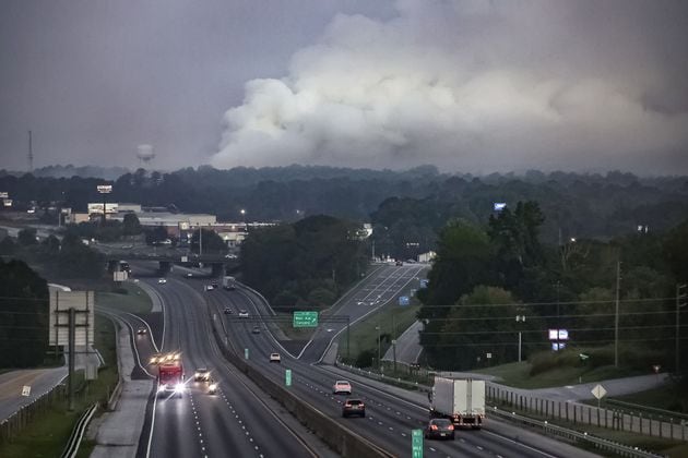 A view of the chemical fire coming from the BioLab plant in Conyers on the morning of Monday, Sept. 30, 2024. (John Spink/AJC)