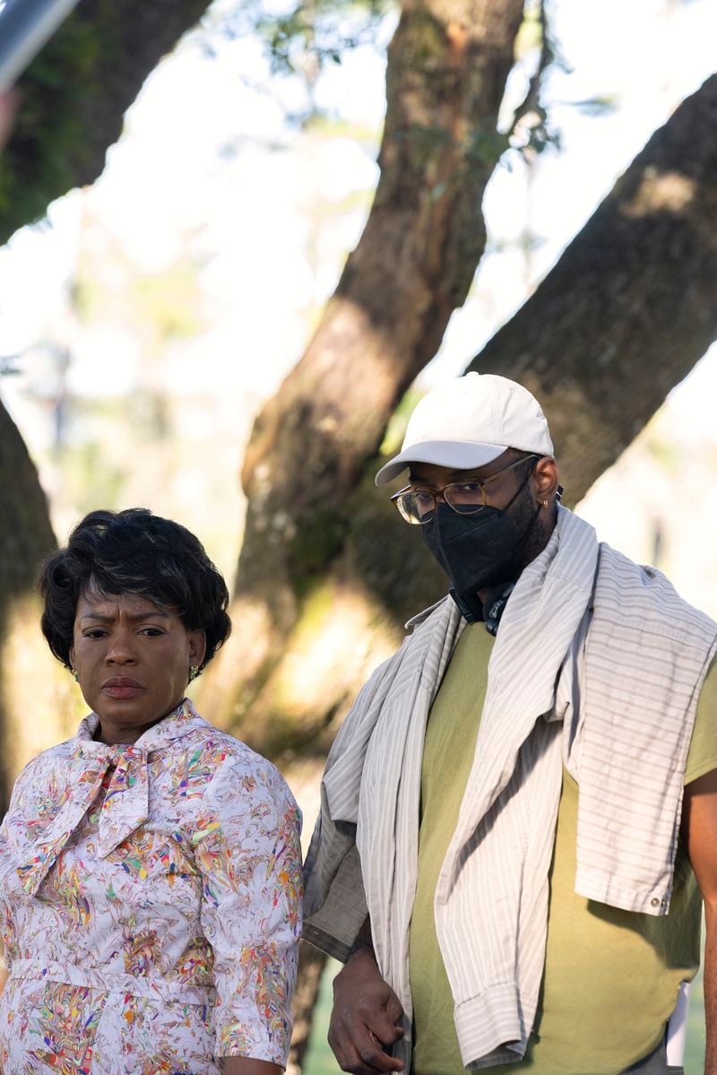 This image released by Amazon shows actor Aunjanue Ellis-Taylor, left, and director RaMell Ross on the set of "Nickel Boys." (L. Kasimu Harris/Amazon Content Services via AP)