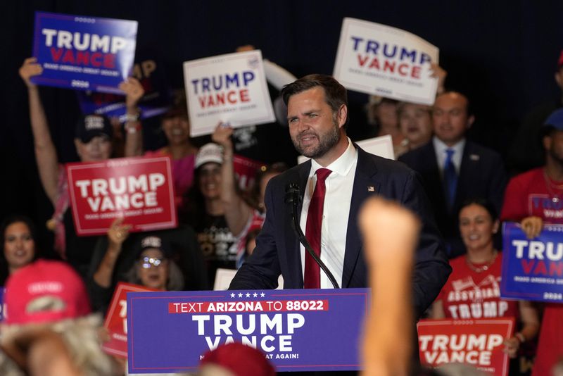 Republican vice presidential nominee Sen. JD Vance, R-Ohio, speaks at a campaign event, Thursday, Sept. 5, 2024, in Phoenix. (AP Photo/Matt York)