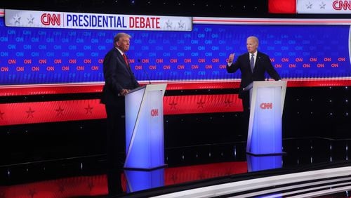 President Joe Biden and former President Donald Trump face off during their first presidential debate at CNN, Thursday, June 27, 2024, in Atlanta. (Jason Getz / AJC)
