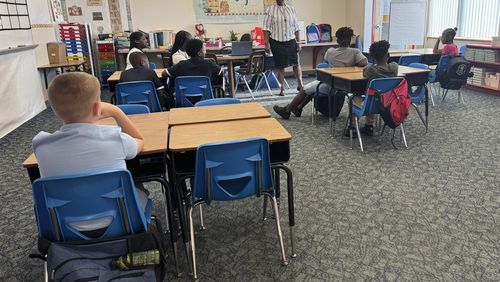 Mannika Hopkins talks with her fourth graders on the first day of school at Greenville Elementary in Greenville, Fla. on Aug. 14, 2024. (AP Photo/Kate Payne)