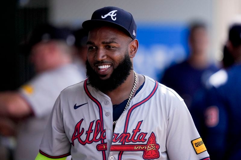 Atlanta Braves designated hitter Marcell Ozuna reacts after a baseball game against the Los Angeles Angels, Sunday, Aug. 18, 2024, in Anaheim, Calif. (AP Photo/Ryan Sun)