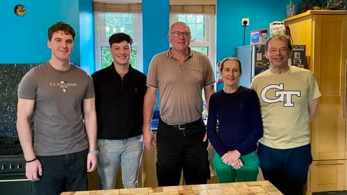 Georgia Tech punter David Shanahan's parents pose for a photo in their home in Castleisland, Ireland on August 21, 2024 with two of his friends and a former coach. From left to right: Adam Manley (friend), Paul Walsh (friend), Dan Casey (former rugby coach), Eliza Shanahan (mother) and Jack Shanahan (father). (AJC photo by Ken Sugiura)