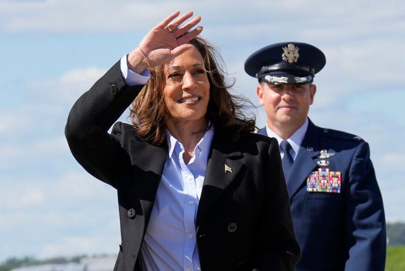 Democratic presidential nominee Vice President Kamala Harris waves as she arrives for campaign events, Monday, Sept. 2, 2024, in Pittsburgh. (AP Photo/Jacquelyn Martin)