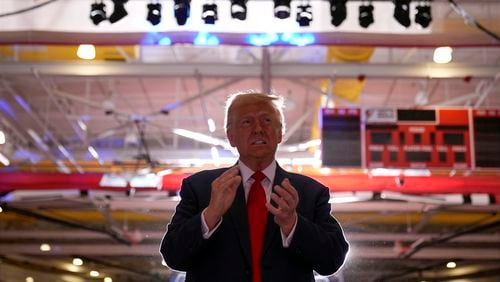 Republican presidential nominee former President Donald Trump arrives at a campaign event at the Ryder Center at Saginaw Valley State University, Thursday, Oct. 3, 2024, in University Center, Mich. (AP Photo/Alex Brandon)