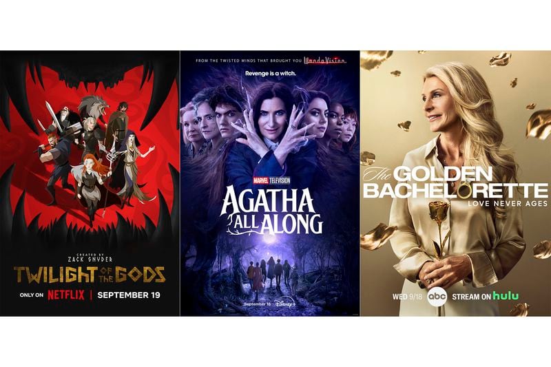 This combination of images shows promotional art for the Netflix series "Twilight of the Gods," left, the Disney+ series "Agatha All Along," center, and ABC's "The Golden Bachelorette." (Netflix/Disney+/ABC via AP)