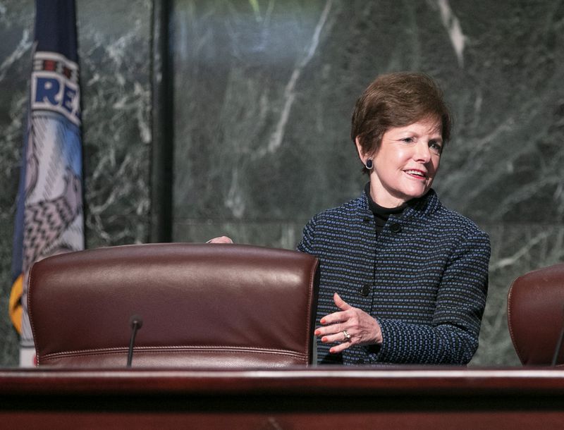 Council member Mary Norwood takes her seat on the dais as the Atlanta City Council held their first in person meeting since they were suspended at start of the pandemic In Atlanta on Monday, March 21, 2022.   (Bob Andres / robert.andres@ajc.com)