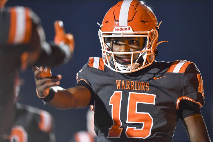 North Cobb’s quarterback Nick Grimstead (15) celebrates his touchdown during the first half of play Friday, Nov. 10, 2023 at North Cobb High School. (Daniel Varnado/For the AJC)