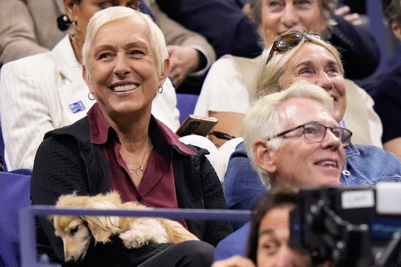 Martina Navratilova, left, watches play between Emma Navarro, of the United States, and Aryna Sabalenka, of Belarus, during the women's singles semifinals of the U.S. Open tennis championships, Thursday, Sept. 5, 2024, in New York. (AP Photo/Frank Franklin II)