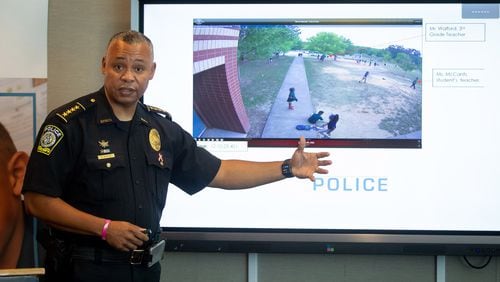 APS Police Chief Ronald Applin walks through their evidence at a press conference at Atlanta Public Schools Alonzo A. Crim Center on Oct. 11, 2019. The evidence — including surveillance footage, testimonials from students and adults and the timeline of events — does not support an 8-year-old  student’s allegation of being attacked on a school playground by an armed man, school officials said. STEVE SCHAEFER / SPECIAL TO THE AJC