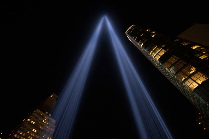 The Tribute in Light is seen in the sky on the 23rd anniversary of the Sept. 11, 2001 terror attacks, Wednesday, Sept. 11, 2024, in New York. (AP Photo/Yuki Iwamura)