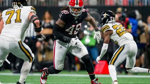 Atlanta Falcons linebacker Bud Dupree (48) works during the first half of an NFL football game against the New Orleans Saints, Sunday, Nov. 26, 2023, in Atlanta. The Atlanta Falcons won 24-15. (AP Photo/Danny Karnik)