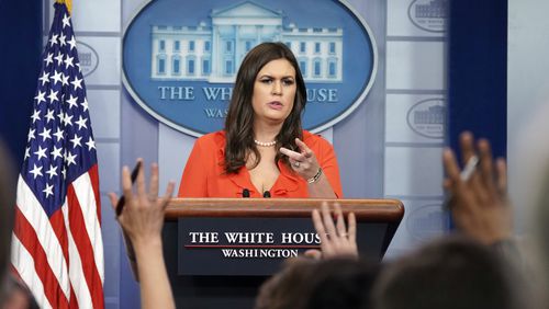 White House press secretary Sarah Huckabee Sanders takes questions from the media during the daily briefing in the Brady Press Briefing Room of the White House, Tuesday, Oct. 24, 2017. (AP Photo/Pablo Martinez Monsivais)