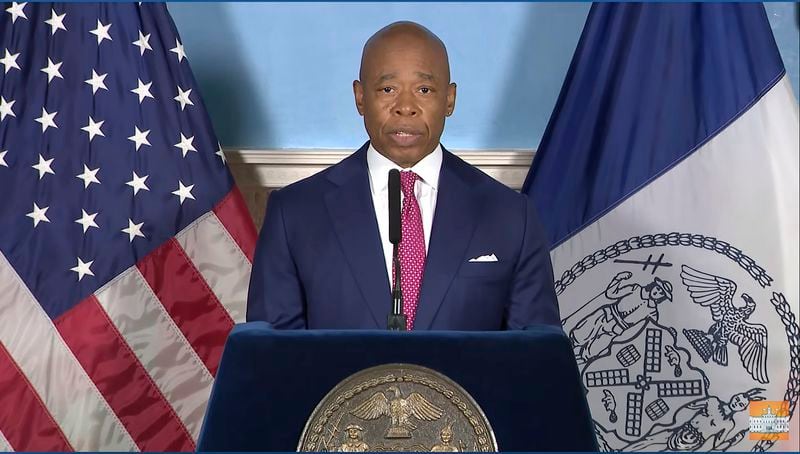 In this image taken from video released by the Office of the Mayor of New York, New York Mayor Eric Adams a announces the resignation of New York City Police Department Commissioner Edward Caban, Thursday, Sept. 12, 2024, in New York. (Office of the Mayor of New York via AP)