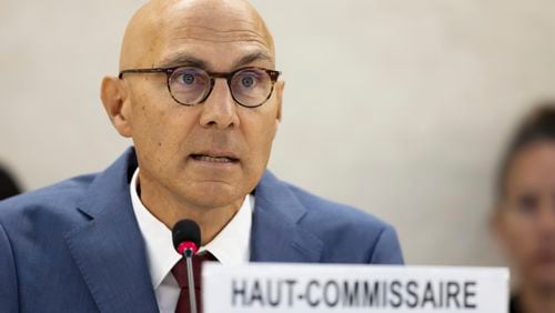 U.N. High Commissioner for Human Rights Volker Türk, presents a global update on human rights in the world, during the opening of the 57th session of the Human Rights Council at the European headquarters of the United Nations in Geneva, Switzerland, Monday, Sept. 9, 2024. (Salvatore Di Nolfi/Keystone via AP)