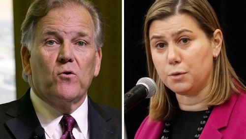 Former Rep. Mike Rogers, R-Mich., left, speaks in North Charleston, S.C., March 18, 2023, and Rep. Elissa Slotkin, D-Mich., speaks in Rochester, Mich., Dec. 16, 2019. National attention has turned to Michigan for the presidential race, but voters will also have a major say in determining which major party controls Congress next year. The general election lineup for an open U.S. Senate seat and two competitive congressional races will be solidified in next week's party primaries. Slotkin and Rogers are seen as the likely nominees for an open Senate seat. (AP Photo)