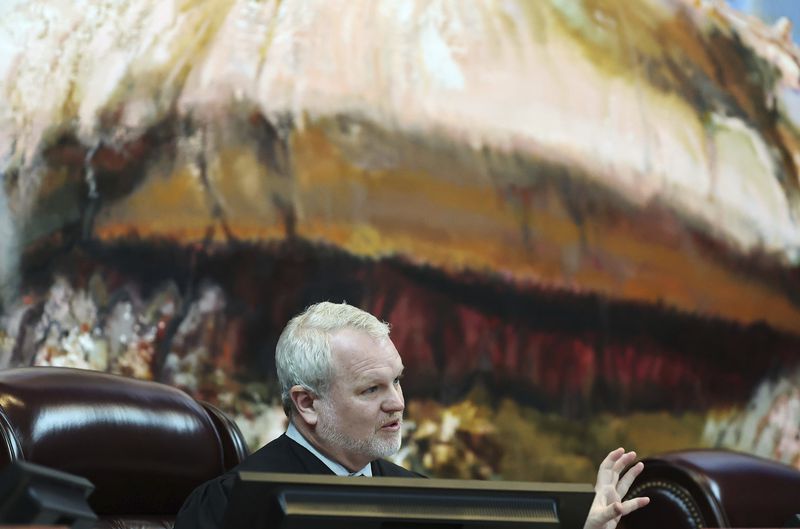 Associate Chief Justice John Pearce asks a question during a hearing about a proposed constitutional amendment before the Utah Supreme Court in Salt Lake City on Wednesday, Sept. 25, 2024. (Jeffrey D. Allred/The Deseret News via AP, Pool)