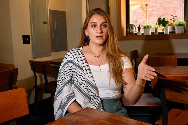 Layla Elabed, co-director of the Uncommitted National Movement, talks about her organization, Friday, Aug. 30, 2024, in Dearborn, Mich. (AP Photo/Jose Juarez)