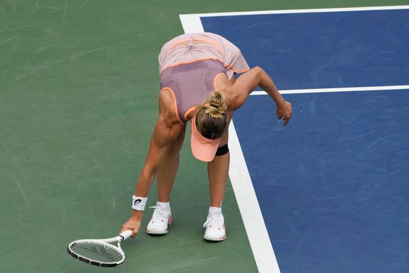 Victoria Golubic, of Switzerland, reacts during a match against Paula Badosa, of Spain, during the first round of the U.S. Open tennis championships, Monday, Aug. 26, 2024, in New York. (AP Photo/Julia Nikhinson)