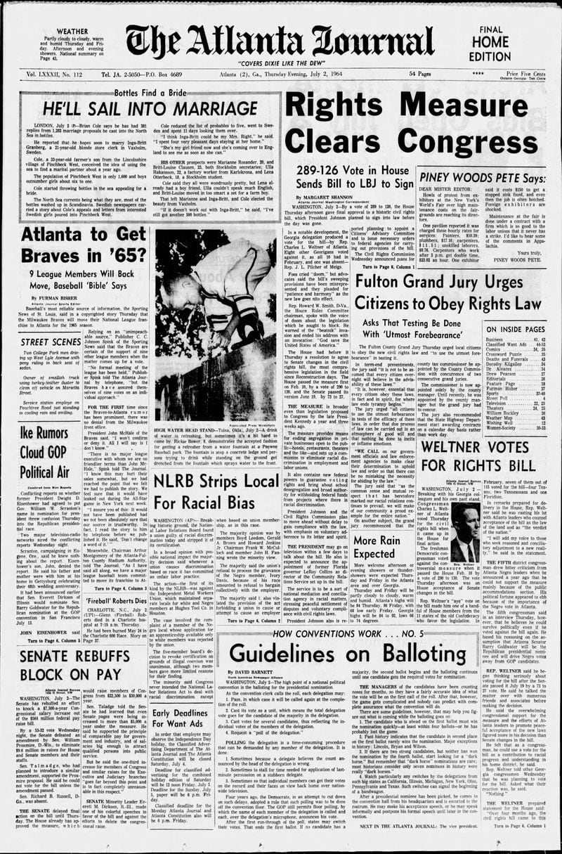 The Atlanta Journal front page on July 2, 1964.
