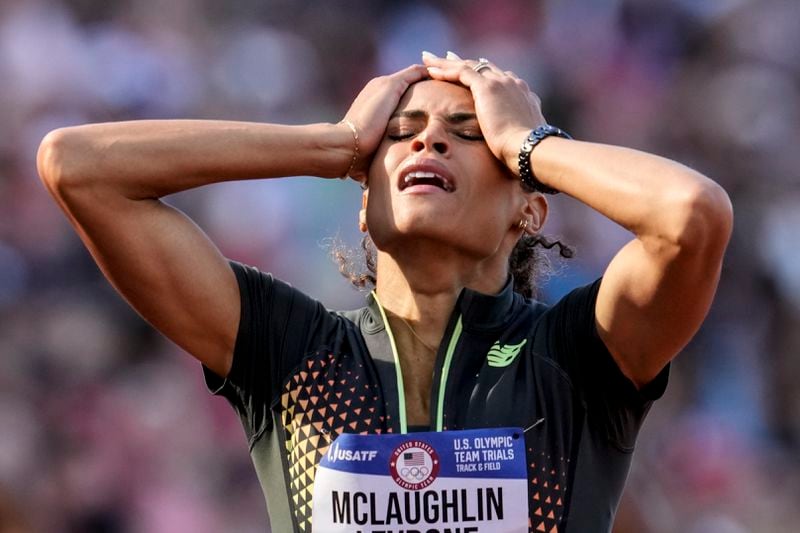 Sydney McLaughlin-Levrone reacts to winning the women's 400-meter hurdles final during the U.S. Track and Field Olympic Team Trials, Sunday, June 30, 2024, in Eugene, Ore. (AP Photo/George Walker IV)