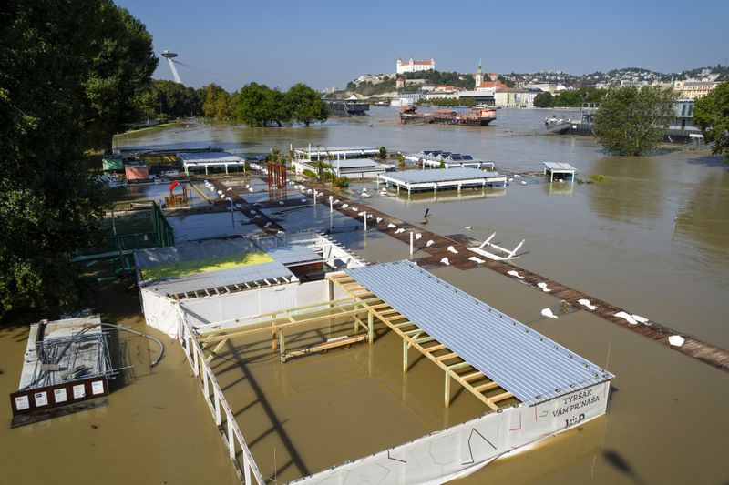 A view of a flooded area near the Danube river in Bratislava, Slovakia, Wednesday, Sept. 18, 2024. (AP Photo/Darko Bandic)