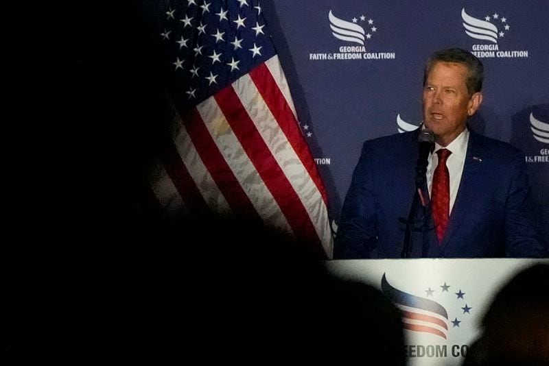 Georgia Gov. Brian Kemp speaks during the Georgia Faith and Freedom Coalition's dinner at the Cobb Galleria Centre, Monday, Sept. 16, 2024, in Atlanta. (AP Photo/Mike Stewart)