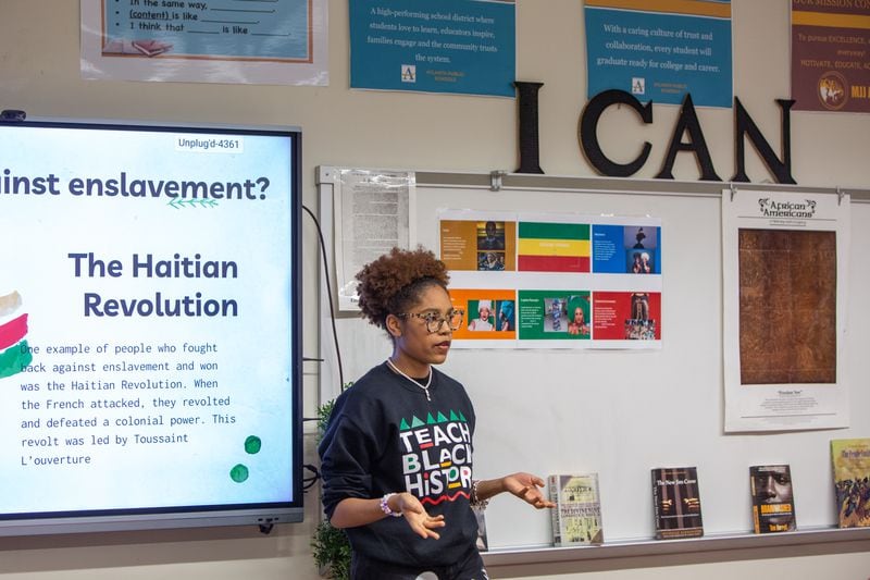 Kelsey Allen presents her project to her Advanced Placement African American Studies class at Maynard Jackson High School in 2023. The course will be the topic of discussion on the "Politically Georgia" show today.