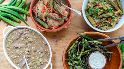 Okra is a heralded ingredient in cuisines from around the world. Pictured are (from left, clockwise): Round Steak and Okra Gumbo, Brazilian Chicken and Okra, Greek Okra and Tomatoes, and Air Fryer Okra Fries with Spicy Yogurt Dipping Sauce. (Virginia Willis for The Atlanta Journal-Constitution)