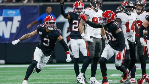 Atlanta Falcons safety Jessie Bates III reacts after recovering a fumble during the second quarter of an NFL football game against the Tampa Bay Buccaneers on Oct. 3, 2024, at Mercedes-Benz Stadium in Atlanta.
(Miguel Martinez/ AJC)