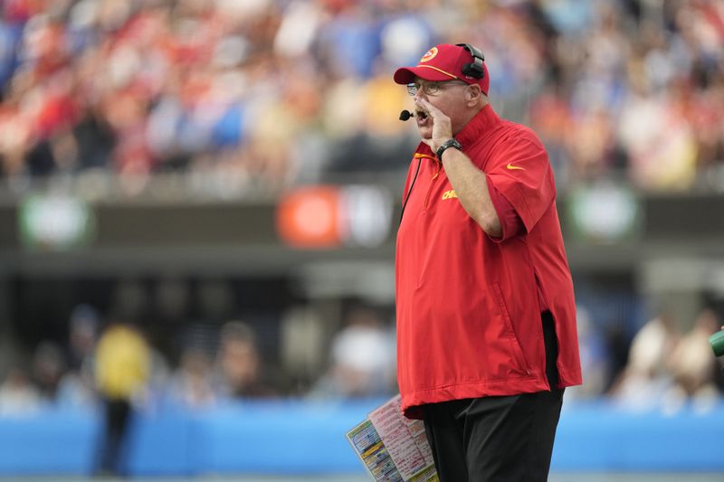 Kansas City Chiefs head coach Andy Reid yells from the sideline during the second half of an NFL football game against the Los Angeles Chargers Sunday, Sept. 29, 2024, in Inglewood, Calif. (AP Photo/Ashley Landis)