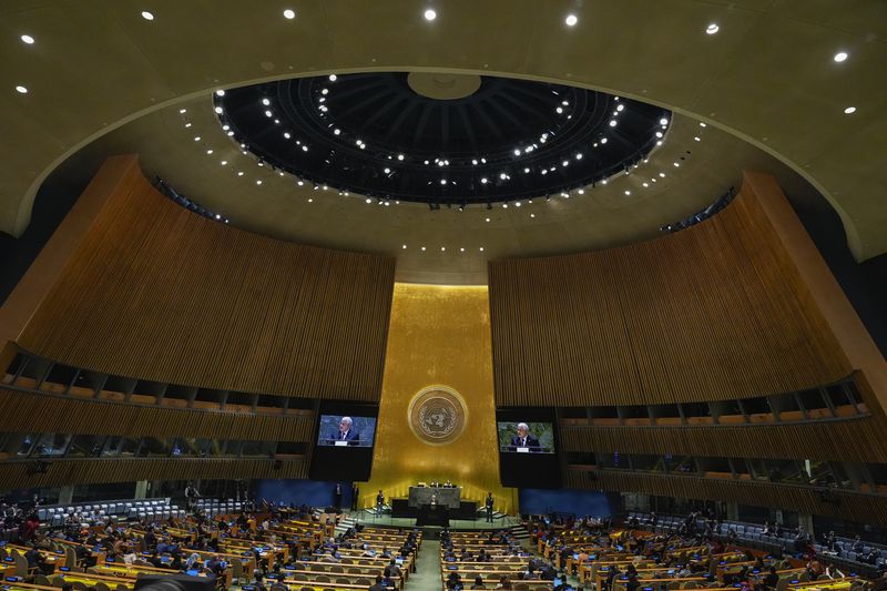 Palestinian President Mahmoud Abbas addresses the 79th session of the United Nations General Assembly, Thursday, Sept. 26, 2024, at U.N. headquarters. (AP Photo/Frank Franklin II)