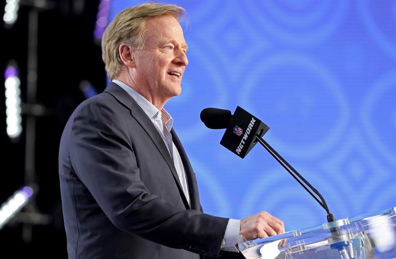 FILE - NFL Commissioner Roger Goodell announces a pick during the first round of the 2022 NFL Draft, April 28, 2022, in Las Vegas. (AP Photo/Gregory Payan, File)