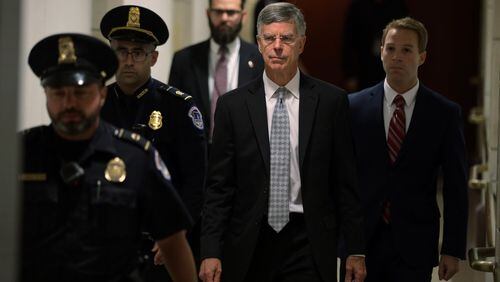 *** BESTPIX *** WASHINGTON, DC - OCTOBER 22: Bill Taylor (C), the top U.S. diplomat to Ukraine, arrives at a closed session before the House Intelligence, Foreign Affairs and Oversight committees October 22, 2019 at the U.S. Capitol in Washington, DC. Taylor was on Capitol Hill to testify to the committees for the ongoing impeachment inquiry against President Donald Trump. (Photo by Alex Wong/Getty Images)