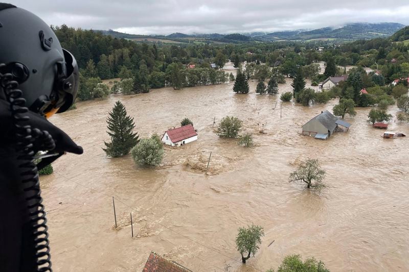 This handout photo provided by the Polish fire department, shows a flooded area near the Nysa Klodzka river in Nysa, Poland on Monday, Sept. 16, 2024. (KG PSP Photo via AP)