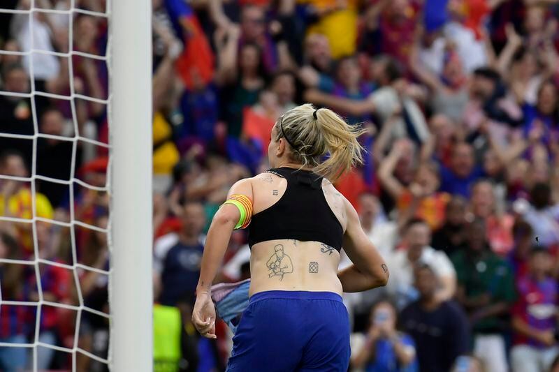 Barcelona's Alexia Putellas celebrates after scoring her side's second goal during the women's Champions League final soccer match between FC Barcelona and Olympique Lyonnais at the San Mames stadium in Bilbao, Spain, Saturday, May 25, 2024. (AP Photo/Alvaro Barrientos)