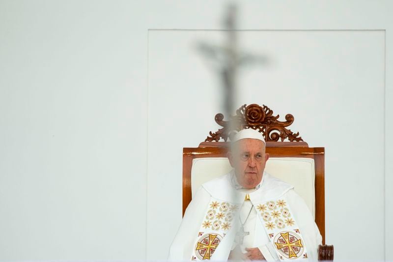 Pope Francis presides over a memorial mass in the name of Saint Mother Teresa of Calcutta for some 60 thousand faithful inside Jakarta's Gelora Bung Karno stadium, Thursday, Sept. 5, 2024. Francis traveled to Indonesia, at the start of an 11-day, four-nation trip to Asia and Oceania, to encourage Indonesia to combat religiously inspired violence and pledge the Catholic Church's commitment to greater fraternity. (AP Photo/Gregorio Borgia)