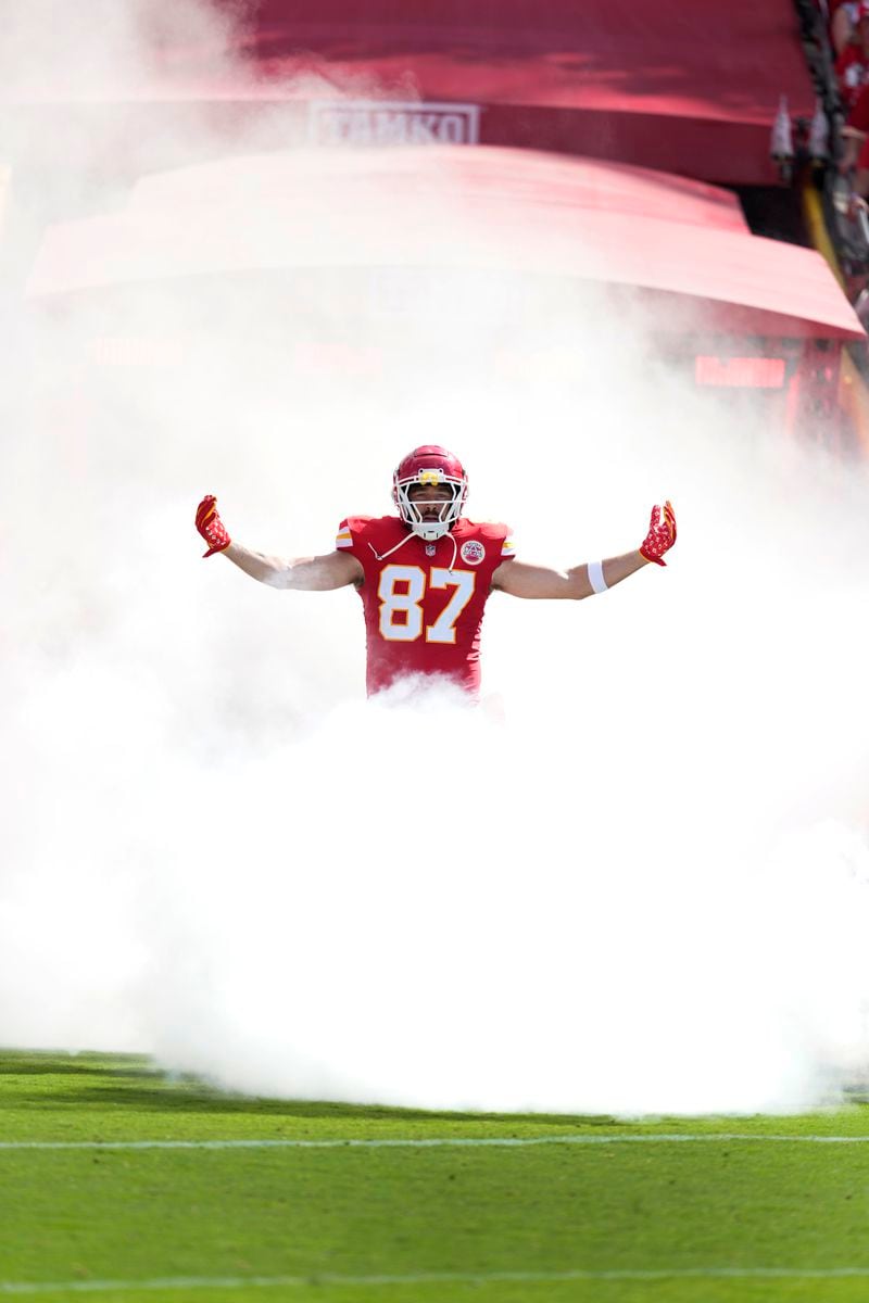 Kansas City Chiefs tight end Travis Kelce is introduced before the start of an NFL football game against the Cincinnati Bengals Sunday, Sept. 15, 2024, in Kansas City, Mo. (AP Photo/Ed Zurga)