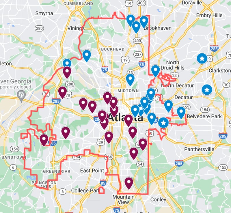 Atlanta-based nonprofit Parks Pride has awarded $3.9 million in grants to fund projects throughout Atlanta and DeKalb County. The purple icons represent projects in historically disinvested communities.