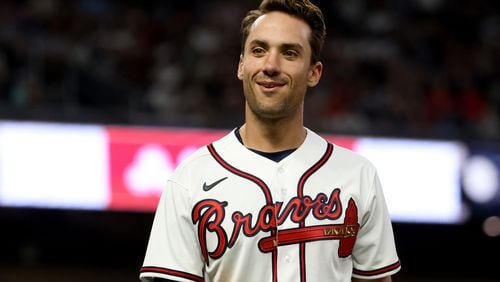 Braves first baseman Matt Olson reacts with teammates following the seventh inning against the Miami Marlins at Truist Park Friday, April 22, 2022, in Atlanta. Olson hit a two-RBI double during the inning. (Jason Getz / Jason.Getz@ajc.com)