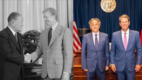 President Jimmy Carter (left) shook hands with Japanese Prime Minister Masayoshi Ohira in 1979.  Georgia Gov. Brian Kemp (right) posed for a photo with Kazuyuki Takeuchi, the consul general of Japan in Atlanta, in 2019.