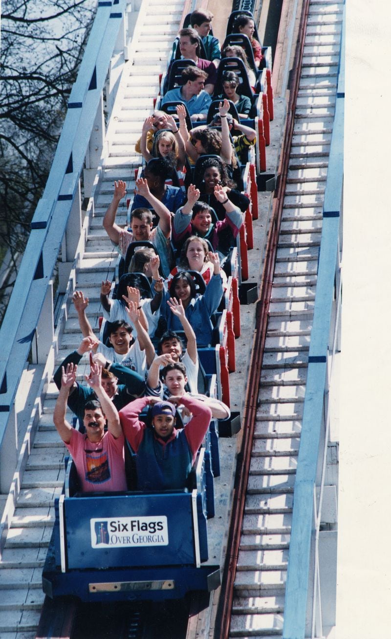 Metro area students enjoyed the Great American Scream Machine roller coaster at Six Flags Over Georgia during Spring Break on April 7, 1993. The wooden coaster speeds along nearly 4,000 feet of track.