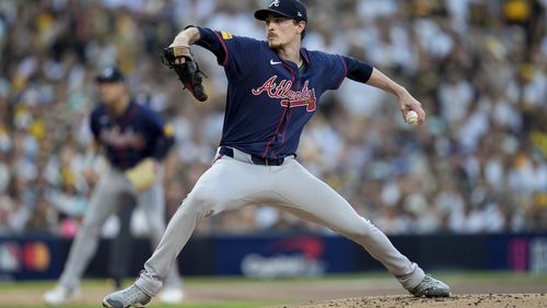 Atlanta Braves starting pitcher Max Fried throws to a San Diego Padres batter during the first inning in Game 2 of an NL Wild Card Series baseball game Wednesday, Oct. 2, 2024, in San Diego. (AP Photo/Gregory Bull)