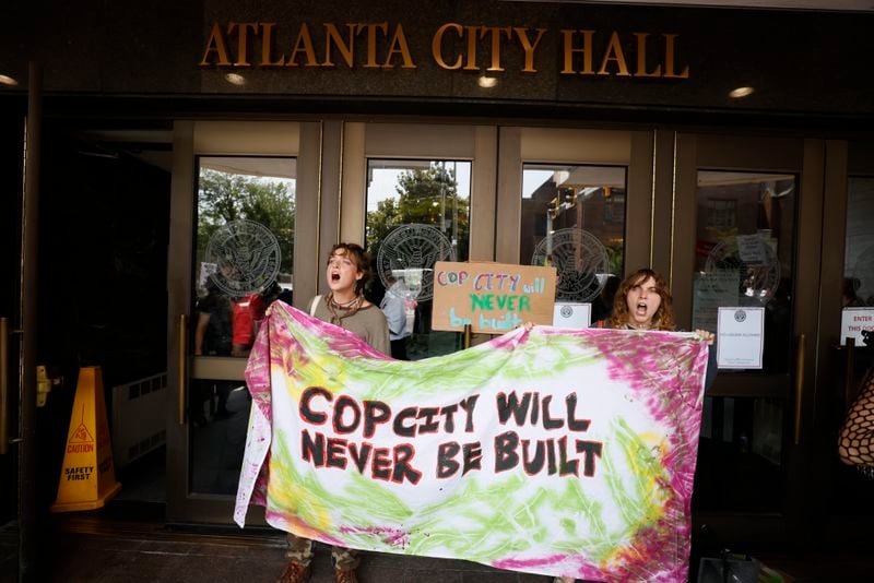 A gathering of protesters chants outside Atlanta City Hall prior to the conclusive vote on legislation approving the allocation of funds for the public safety training center on Monday, June 5, 2023.
Miguel Martinez /miguel.martinezjimenez@ajc.com
