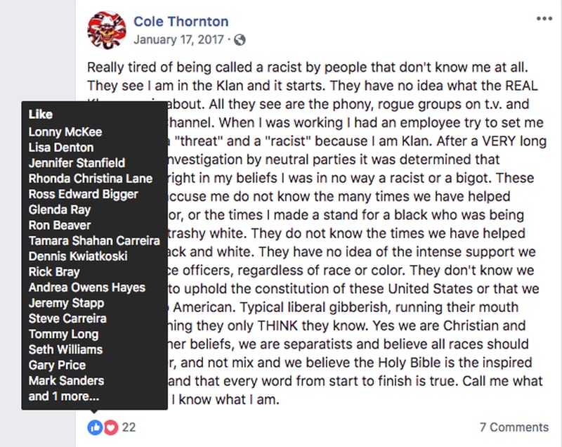 Cole Denton's Facebook account posted this message in January 2017, which officer Tommy Long's Facebook page liked, HuffPost reported. (Photo: HuffPost)