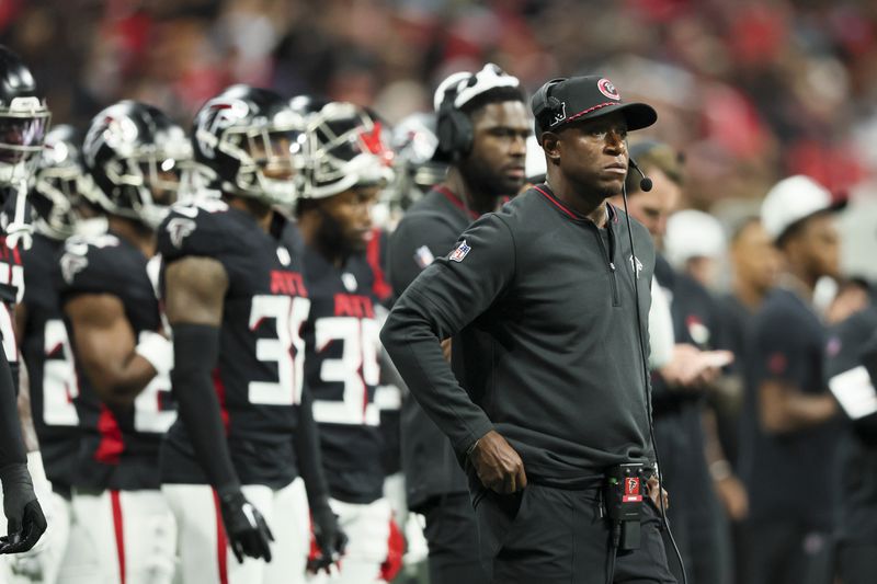 Atlanta Falcons head coach Raheem Morris reacts on the sideline during the first half against the Jacksonville Jaguars in their preseason NFL football game at Mercedes-Benz Stadium, on Friday, Aug. 23, 2024, in Atlanta. (Jason Getz / AJC)
