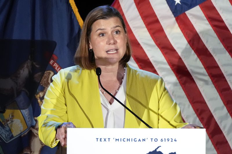 FILE - Senate candidate, Rep. Elissa Slotkin, D-Mich., speaks at a primary election night event in Detroit, Aug. 6, 2024. (AP Photo/Paul Sancya, File)