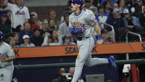 New York Mets' Brett Baty scores on a home run from New York Mets outfielder DJ Stewart during the eighth inning. 
Miguel Martinez / miguel.martinezjimenez@ajc.com