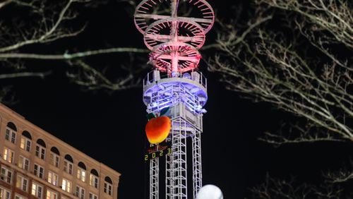 Views of Peach Tower at Underground Atlanta during the New Year’s Eve Peach Drop celebration on Saturday, December 31, 2022. (Natrice Miller/natrice.miller@ajc.com)  