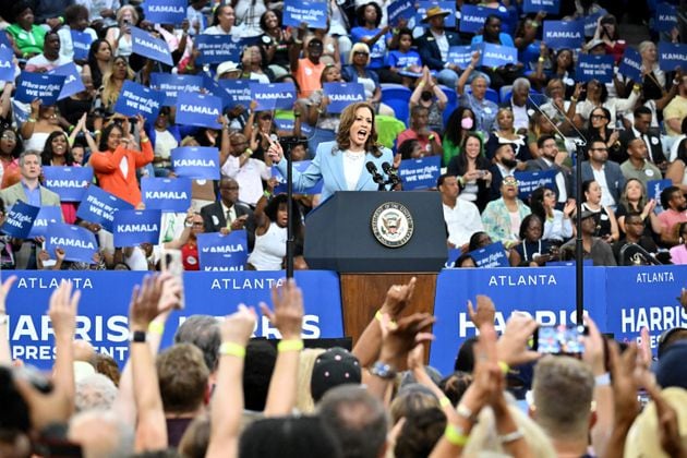 Vice President Kamala Harris speaks at a rally at the Georgia State University’s convocation center in Atlanta on July 30, 2024. Harris will return to Atlanta on Friday. (Hyosub Shin/AJC)